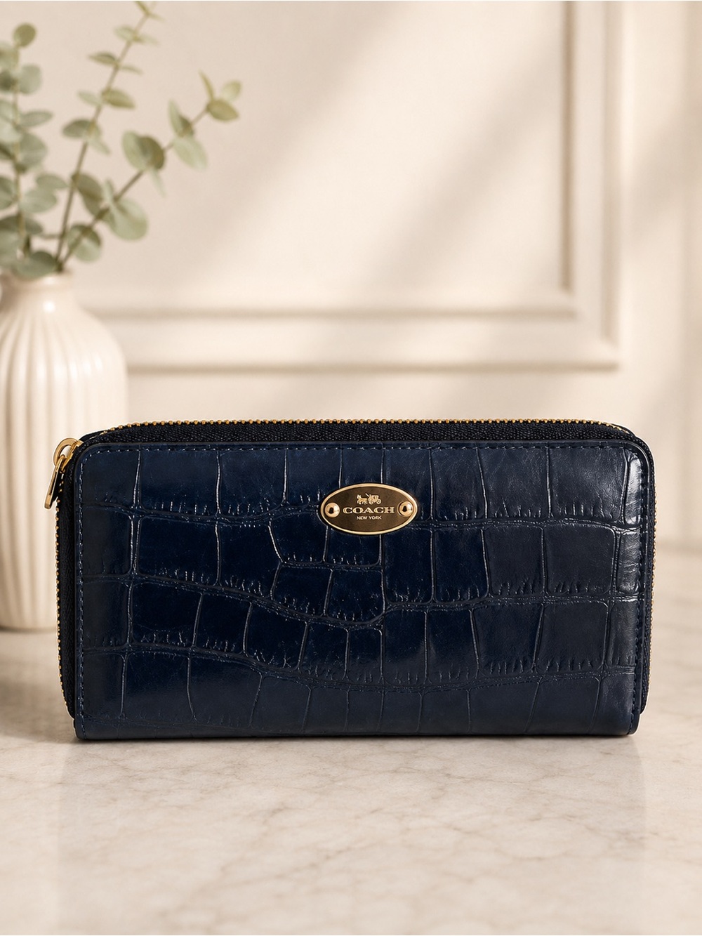 Coach Navy blue Embossed Leather Zip Around Continental Wallet